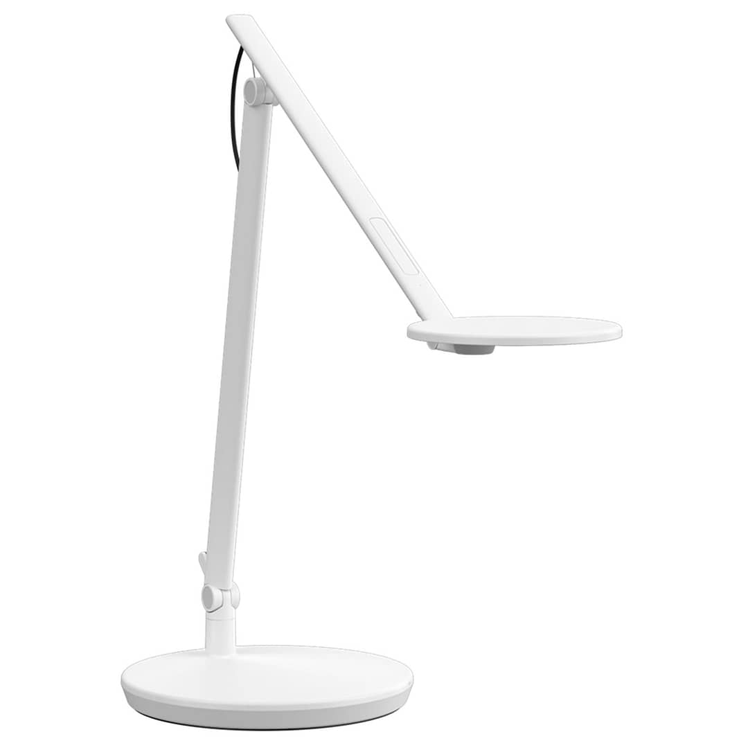 Humanscale white Nova lamp, a minimalist desk lamp with a sleek, adjustable design.